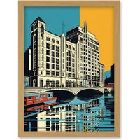 Artery8 Leeds City Waterfront Modern Linocut Illustration Artwork Framed Wall Art Print A4 in Light Oak