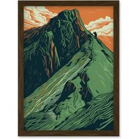Artery8 Hiking the Striding Edge Orange & Green Linocut Artwork Framed Wall Art Print A4 in Brown