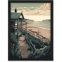 Artery8 Summer Beach House Coastal Landscape Illustration Artwork Framed Wall Art Print A4 in Black