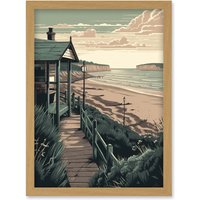 Artery8 Summer Beach House Coastal Landscape Illustration Artwork Framed Wall Art Print A4 in Light Oak