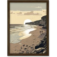 Artery8 Sunrise Walk on Filey Beach Coastal Illustration Artwork Framed Wall Art Print A4 in Brown