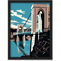 Artery8 Clifton Suspension Bridge Tan Brown Blue Linocut Artwork Framed Wall Art Print A4 in Black