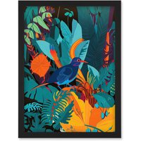 Artery8 Bird in Tropical Forest Vibrant Illustration Artwork Framed Wall Art Print A4 in Black
