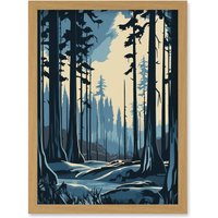 Artery8 Taiga Boreal Forest Winter Landscape Illustration Artwork Framed Wall Art Print A4 in Light Oak