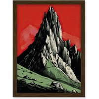 Artery8 Tryfan Mountain Peak Bold Linocut Illustration Artwork Framed Wall Art Print A4 in Brown
