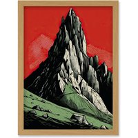 Artery8 Tryfan Mountain Peak Bold Linocut Illustration Artwork Framed Wall Art Print A4 in Light Oak