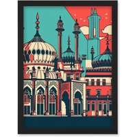 Artery8 Brighton's Royal Pavilion in Ivory Blue & Red Artwork Framed Wall Art Print A4 in Black