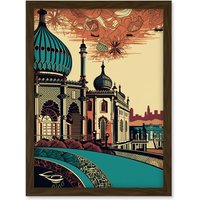 Artery8 Brighton City Royal Pavilion Ornate Illustration Artwork Framed Wall Art Print A4 in Brown