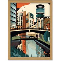 Artery8 Birmingham City Centre Canal Geometric Cityscape Artwork Framed Wall Art Print A4 in Light Oak