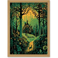 Artery8 Cabin Hut in the Forest Green & Orange Linocut Artwork Framed Wall Art Print A4 in Light Oak