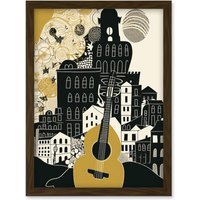 Artery8 Edinburgh Cityscape Fringe Festival Guitar Linocut Artwork Framed Wall Art Print A4 in Brown