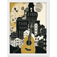 Artery8 Edinburgh Cityscape Fringe Festival Guitar Linocut Artwork Framed Wall Art Print A4 in White