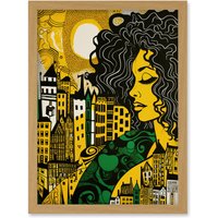 Artery8 Woman & Edinburgh Cityscape Yellow Green Linocut Artwork Framed Wall Art Print A4 in Light Oak