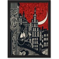 Artery8 Street Musician Guitarist in Edinburgh Cityscape Artwork Framed Wall Art Print A4 in Black
