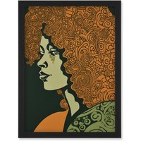 Artery8 Woman Portrait Illustration with Pattern Afro Hair Artwork Framed Wall Art Print A4 in Black