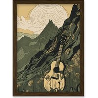 Artery8 Guitar on Mountain Landscape Morning at Campsite Artwork Framed Wall Art Print A4 in Brown