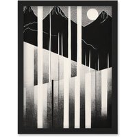 Artery8 Abstract Mountain Landscape Lake Sunrise Linocut Artwork Framed Wall Art Print A4 in Black
