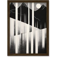 Artery8 Abstract Mountain Landscape Lake Sunrise Linocut Artwork Framed Wall Art Print A4 in Brown
