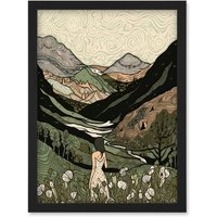 Artery8 Woman in Flower Field in Scottish Hill Landscape Artwork Framed Wall Art Print A4 in Black