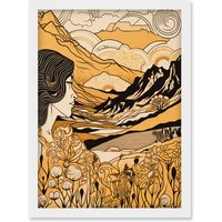 Artery8 Earth Goddess Blooming Flowers Mountain Landscape Artwork Framed Wall Art Print A4 in White
