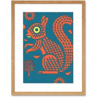 Artery8 Wall Art Print Squirrel Colour Block Modern Folk Art Linocut Artwork Framed 9X7 Inch in Beige | Size: W7" x H9"