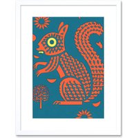 Artery8 Wall Art Print Squirrel Colour Block Modern Folk Art Linocut Artwork Framed 9X7 Inch in White | Size: W7" x H9"