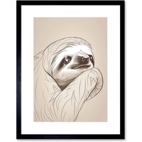 Artery8 Wall Art Print Sloth Line Drawing with Highlights Artwork Framed 9X7 Inch in Black | Size: W7" x H9"