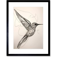 Artery8 Wall Art Print Humming Bird in Flight Line Drawing Portrait Artwork Framed 9X7 Inch in Black | Size: W7" x H9"