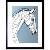 Artery8 Wall Art Print Horse Portrait White & Blue Minimal Artwork Framed 9X7 Inch in Black | Size: W7" x H9"