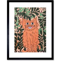 Artery8 Wall Art Print Ginger Orange Tabby Cat in Plants Modern Folk Artwork Framed 9X7 Inch in Black | Size: W7" x H9"