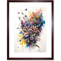 Artery8 Wall Art Print Flower Bouquet over Watercolour Splat Artwork Framed 9X7 Inch in Brown | Size: W7" x H9"