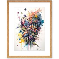 Artery8 Wall Art Print Flower Bouquet over Watercolour Splat Artwork Framed 9X7 Inch in Beige | Size: W7" x H9"