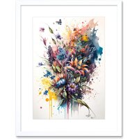 Artery8 Wall Art Print Flower Bouquet over Watercolour Splat Artwork Framed 9X7 Inch in White | Size: W7" x H9"