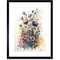 Artery8 Wall Art Print Spring Wildflowers Watercolour Boho Artwork Framed 9X7 Inch in Black | Size: W7" x H9"