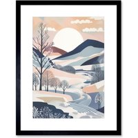 Artery8 Wall Art Print Countryside Path in Boho Hill Winter Landscape Artwork Framed 9X7 Inch in Black | Size: W7" x H9"