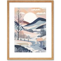Artery8 Wall Art Print Countryside Path in Boho Hill Winter Landscape Artwork Framed 9X7 Inch in Beige | Size: W7" x H9"