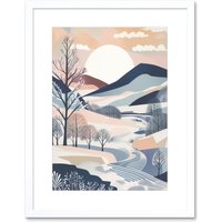 Artery8 Wall Art Print Countryside Path in Boho Hill Winter Landscape Artwork Framed 9X7 Inch in White | Size: W7" x H9"