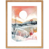 Artery8 Wall Art Print Sunset in Winter Landscape Boho Modern Folk Artwork Framed 9X7 Inch in Beige | Size: W7" x H9"