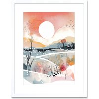 Artery8 Wall Art Print Sunset in Winter Landscape Boho Modern Folk Artwork Framed 9X7 Inch in White | Size: W7" x H9"