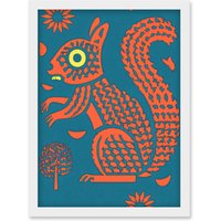 Artery8 Squirrel Colour Block Modern Folk Art Linocut Artwork Framed Wall Art Print A4 in White