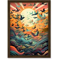 Artery8 Flock of Birds Flying at Sunrise Modern Folk Art Artwork Framed Wall Art Print A4 in Brown
