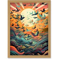 Artery8 Flock of Birds Flying at Sunrise Modern Folk Art Artwork Framed Wall Art Print A4 in Light Oak