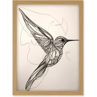 Artery8 Humming Bird in Flight Line Drawing Portrait Artwork Framed Wall Art Print A4 in Light Oak