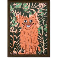 Artery8 Ginger Orange Tabby Cat in Plants Modern Folk Art Artwork Framed Wall Art Print A4 in Brown