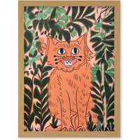 Artery8 Ginger Orange Tabby Cat in Plants Modern Folk Art Artwork Framed Wall Art Print A4 in Light Oak