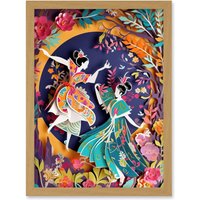 Artery8 Dancing in a Forest Paper Kirigami Art Nouveau Artwork Framed Wall Art Print A4 in Light Oak