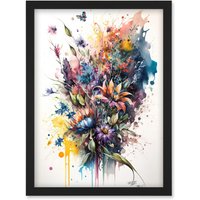 Artery8 Flower Bouquet Illustration over Watercolour Splat Artwork Framed Wall Art Print A4 in Black