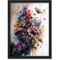Artery8 Flower Bouquet over Watercolour Splat Illustration Artwork Framed Wall Art Print A4 in Black