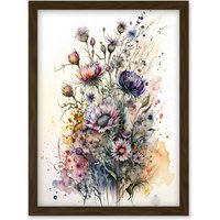 Artery8 Spring Wildflowers Watercolour Boho Illustration Artwork Framed Wall Art Print A4 in Brown
