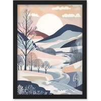 Artery8 Countryside Path in Boho Hill Winter Landscape Artwork Framed Wall Art Print A4 in Black